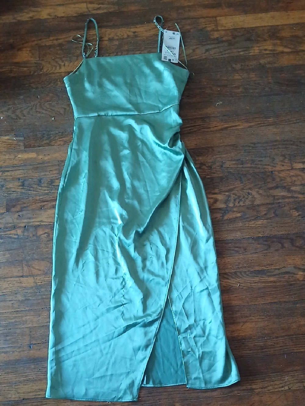 Zara Mint Green Satin Midi Faux Wrap Dress with Colored Glass Spaghetti Straps